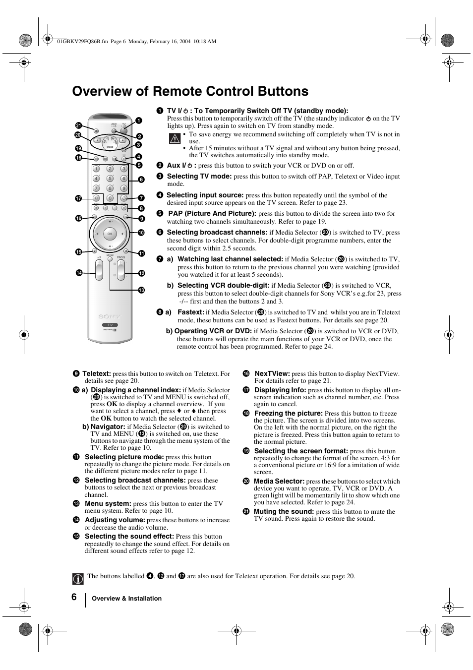 Overview of remote control buttons | Sony FD Trinitron WEGA KV-32FQ86B User Manual | Page 6 / 32