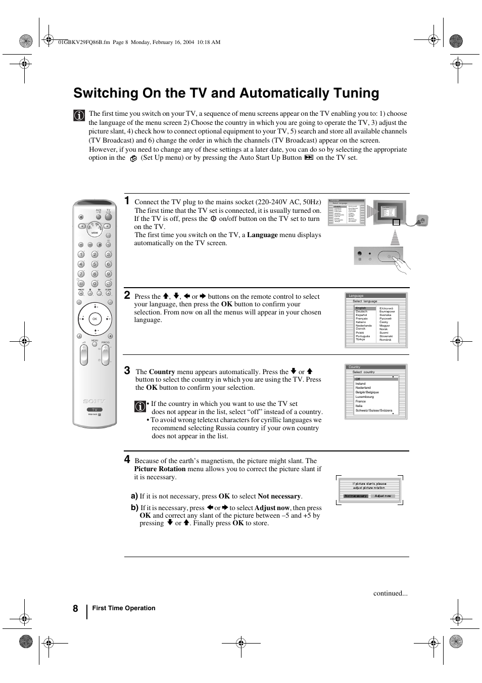 Switching on the tv and automatically tuning | Sony FD Trinitron WEGA KV-32FQ86B User Manual | Page 8 / 32