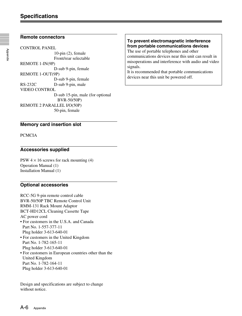 Specifications | Sony MSW-M2000 User Manual | Page 140 / 144