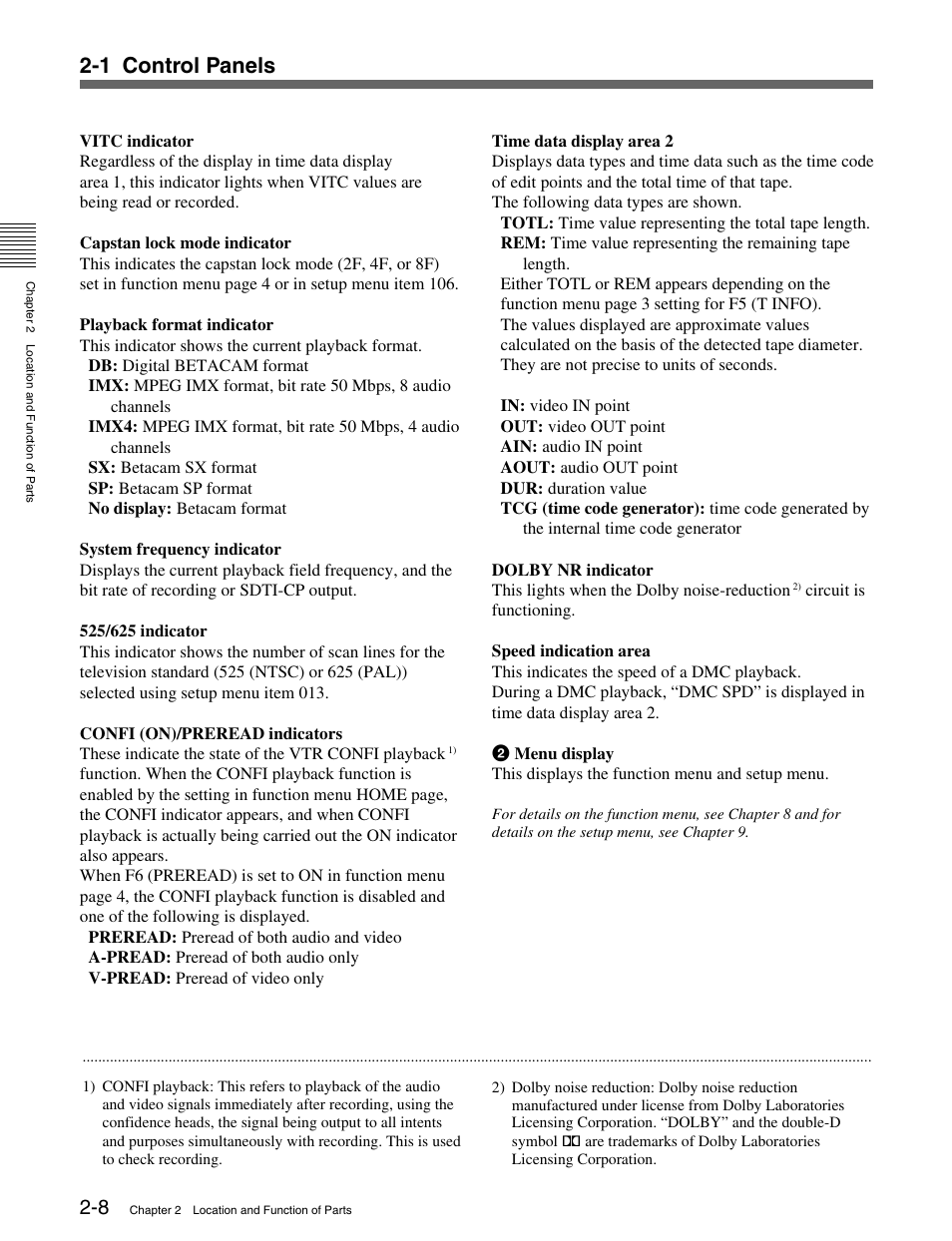 1 control panels | Sony MSW-M2000 User Manual | Page 18 / 144