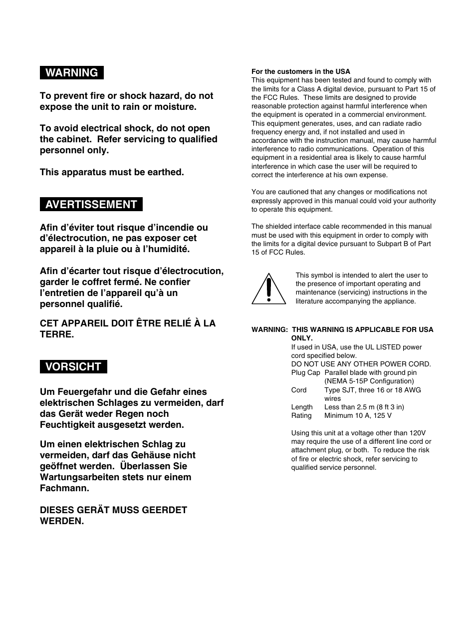 Warning, Avertissement, Vorsicht | Sony MSW-M2000 User Manual | Page 2 / 144