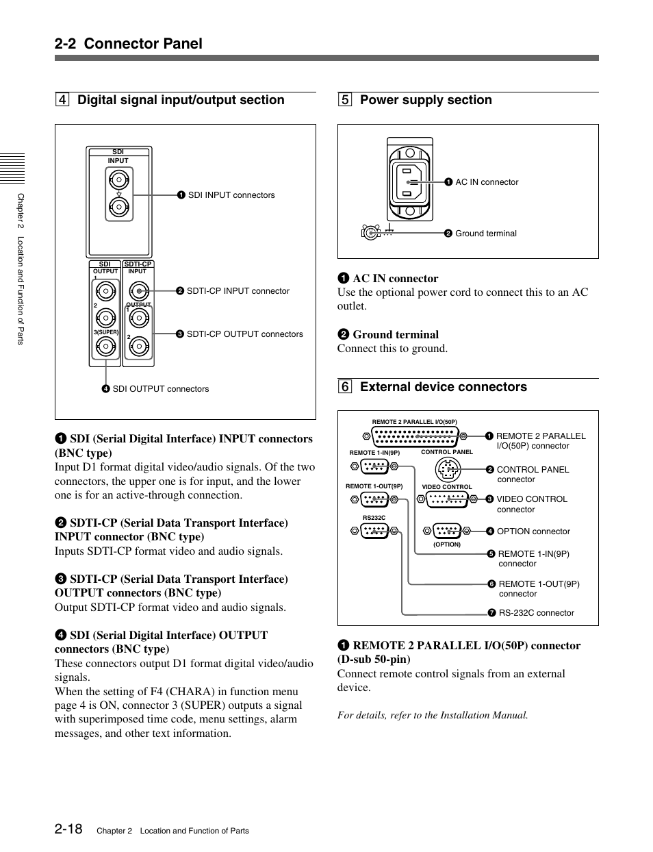2 connector panel, 6 external device connectors | Sony MSW-M2000 User Manual | Page 28 / 144