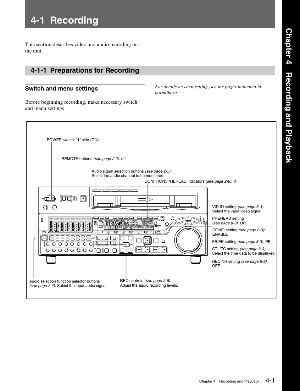 Chapter 4 recording and playback, 1 recording, 1-1 preparations for recording | Chapter 4 recor ding and pla ybac k, Switch and menu settings | Sony MSW-M2000 User Manual | Page 43 / 144