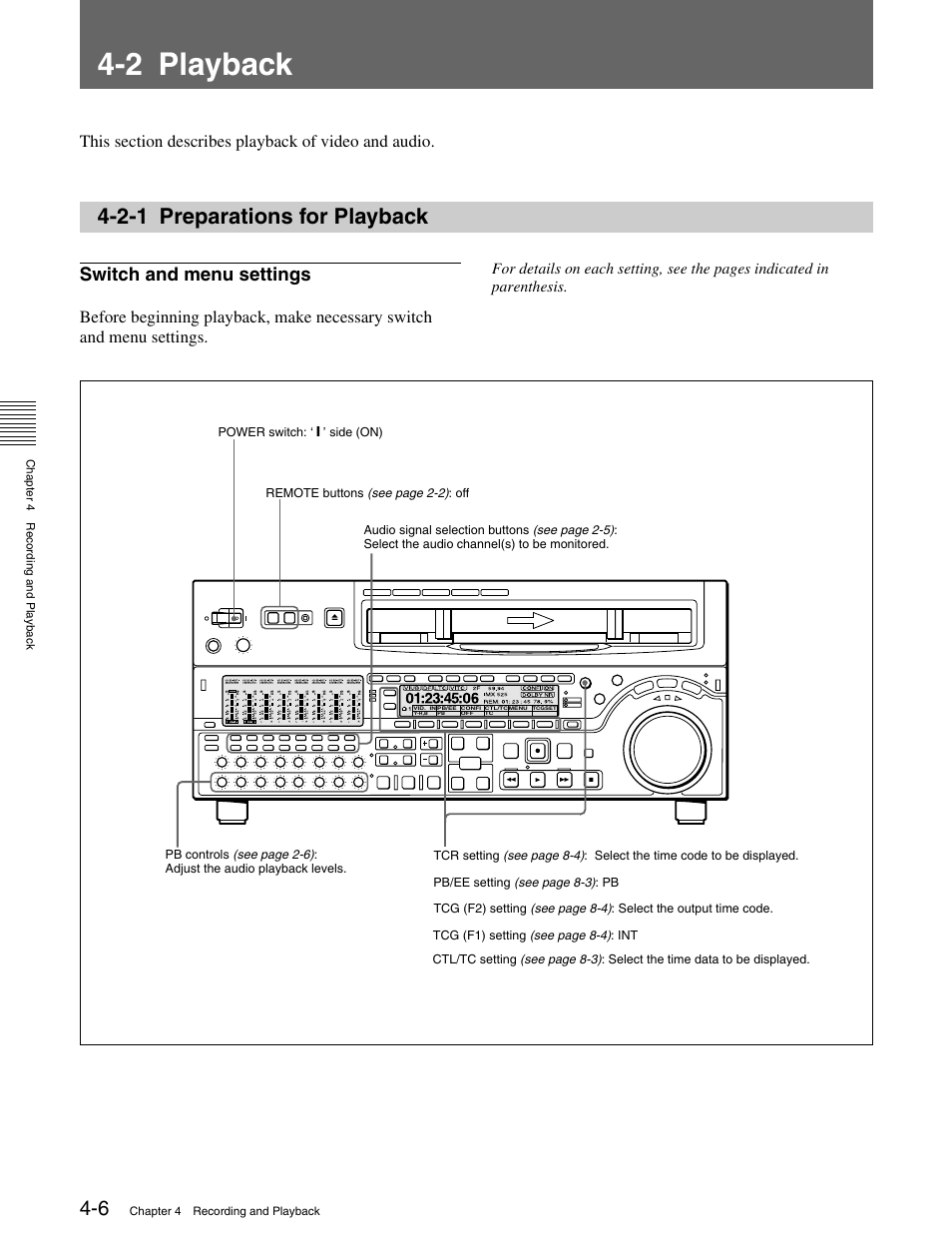 2 playback, 2-1 preparations for playback, Switch and menu settings | Sony MSW-M2000 User Manual | Page 48 / 144