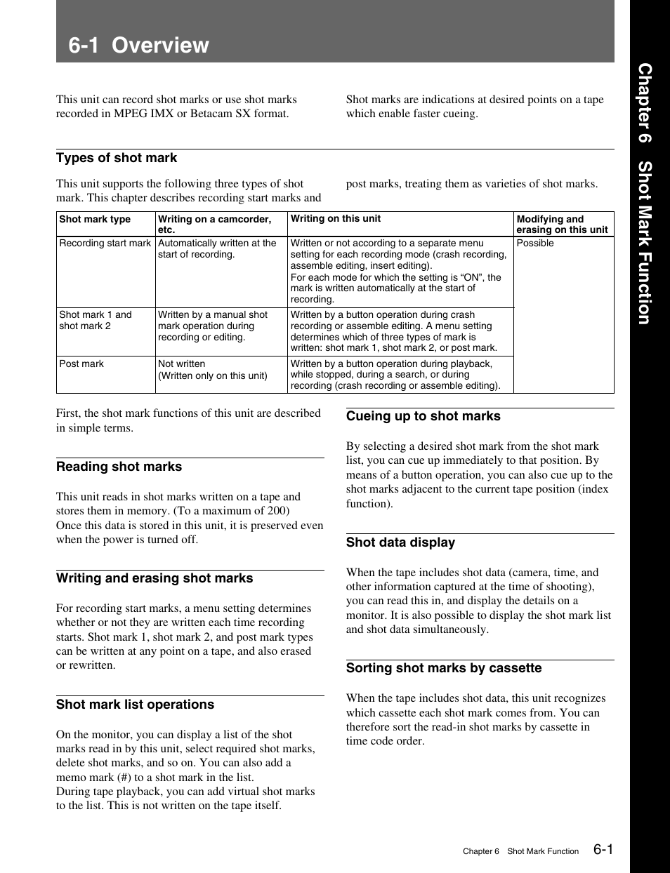 Chapter 6 shot mark function, 1 overview | Sony MSW-M2000 User Manual | Page 73 / 144