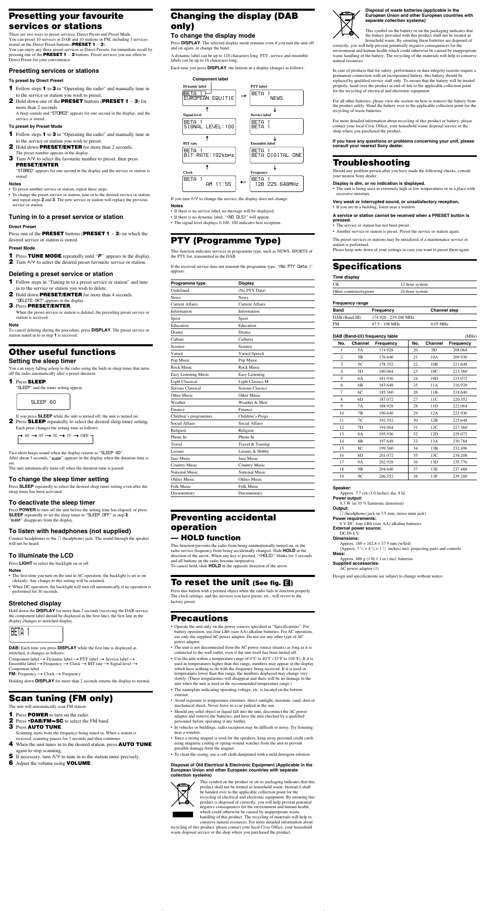 Beta 1, Troubleshooting, Specifications | Presetting your favourite services or stations, Other useful functions, Scan tuning (fm only), Changing the display (dab only), Pty (programme type), Preventing accidental operation, Precautions | Sony XDR-S55DAB User Manual | Page 2 / 2