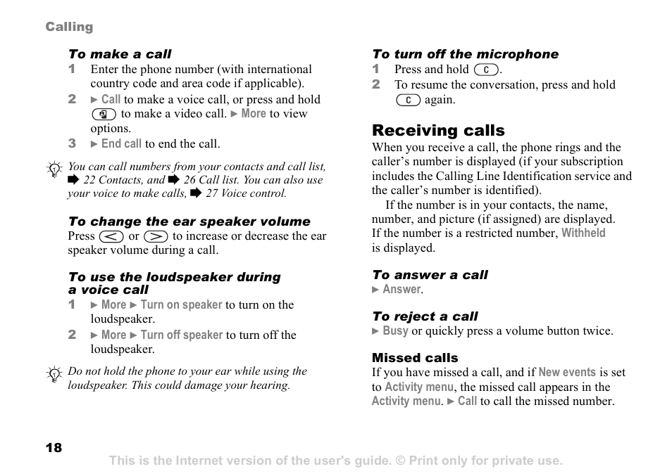Receiving calls | Sony K608i User Manual | Page 18 / 96