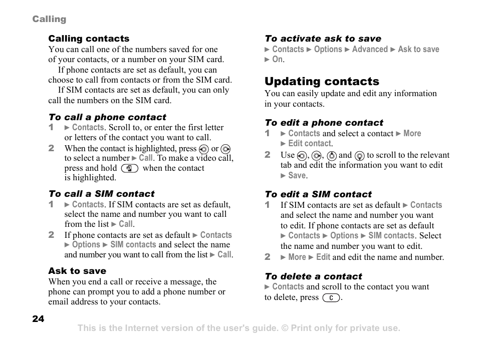 24 to delete, A contact, Updating contacts | Sony K608i User Manual | Page 24 / 96