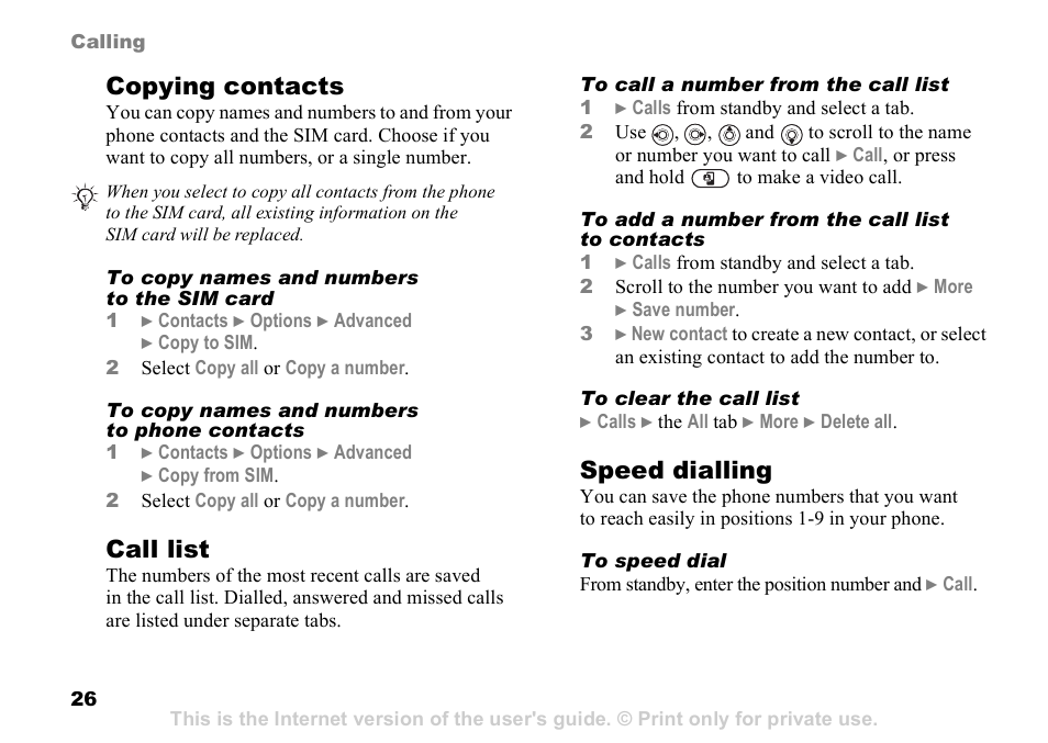 26 call list, Copying contacts, Call list | Speed dialling | Sony K608i User Manual | Page 26 / 96