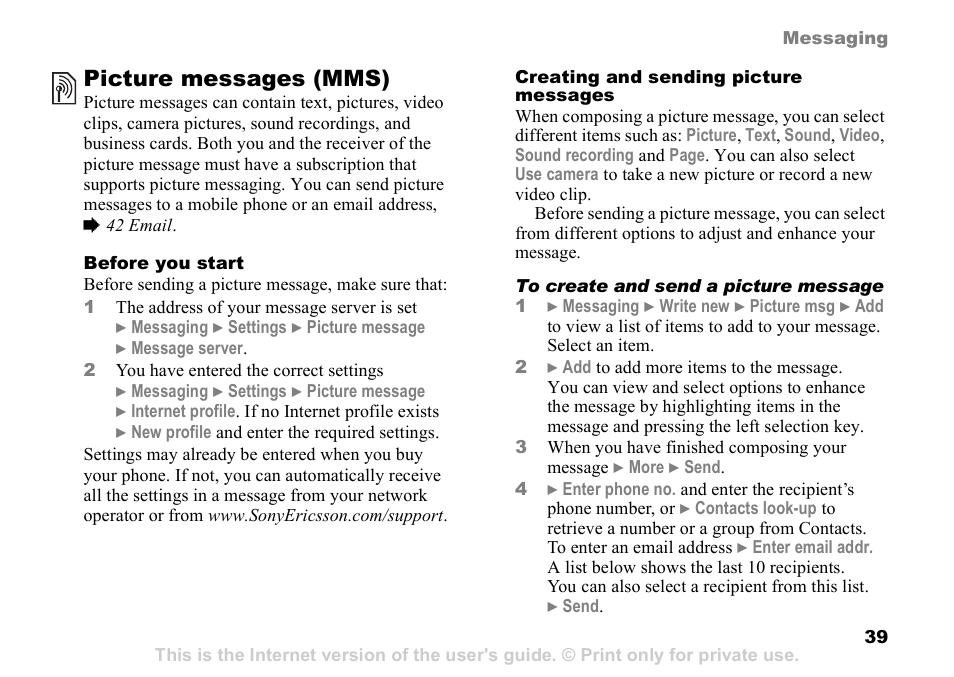 Picture messages (mms) | Sony K608i User Manual | Page 39 / 96