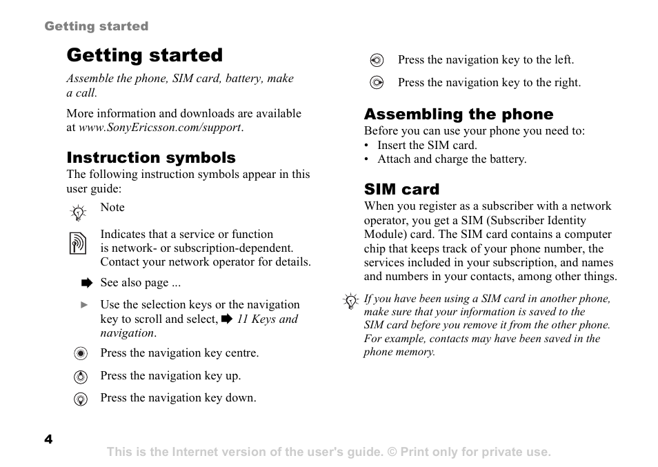 Getting started, Instruction symbols, Assembling the phone | Sim card | Sony K608i User Manual | Page 4 / 96