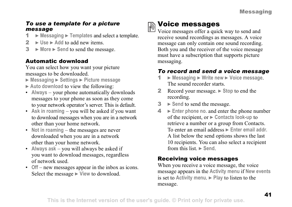 Voice messages | Sony K608i User Manual | Page 41 / 96