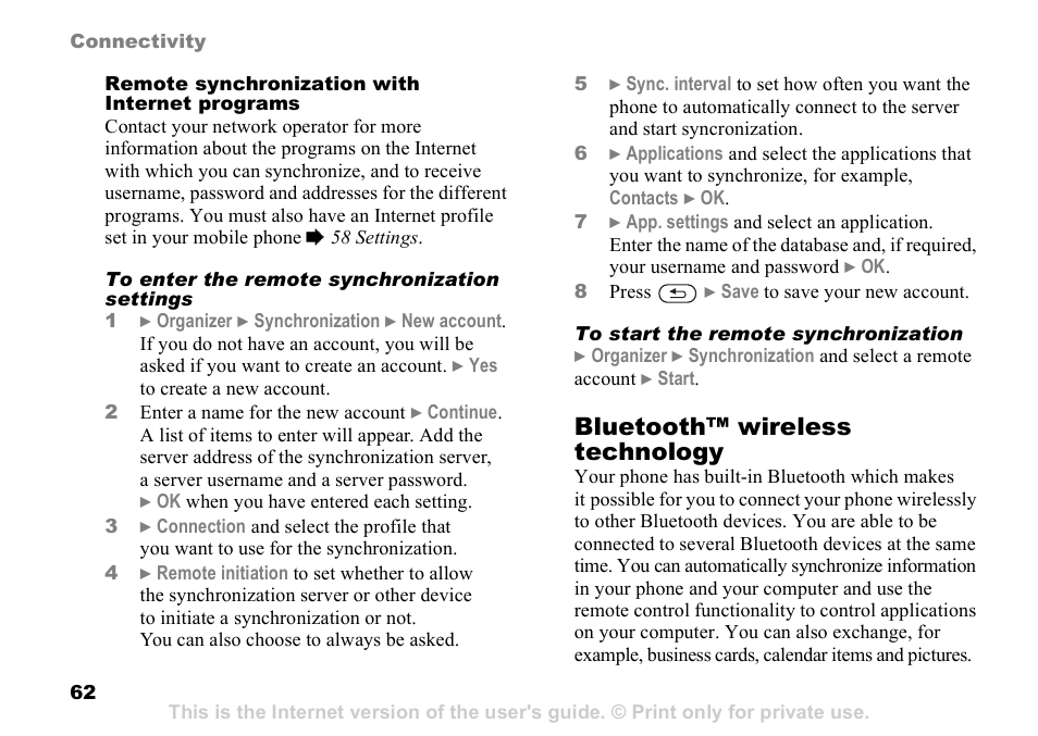 62 to enter, The remote synchronization settings, Bluetooth™ wireless technology | Sony K608i User Manual | Page 62 / 96
