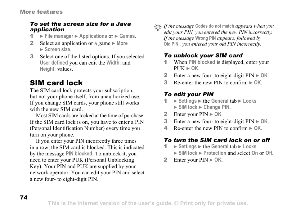 Sim card lock | Sony K608i User Manual | Page 74 / 96