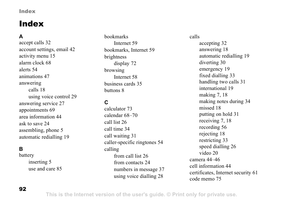 Index | Sony K608i User Manual | Page 92 / 96