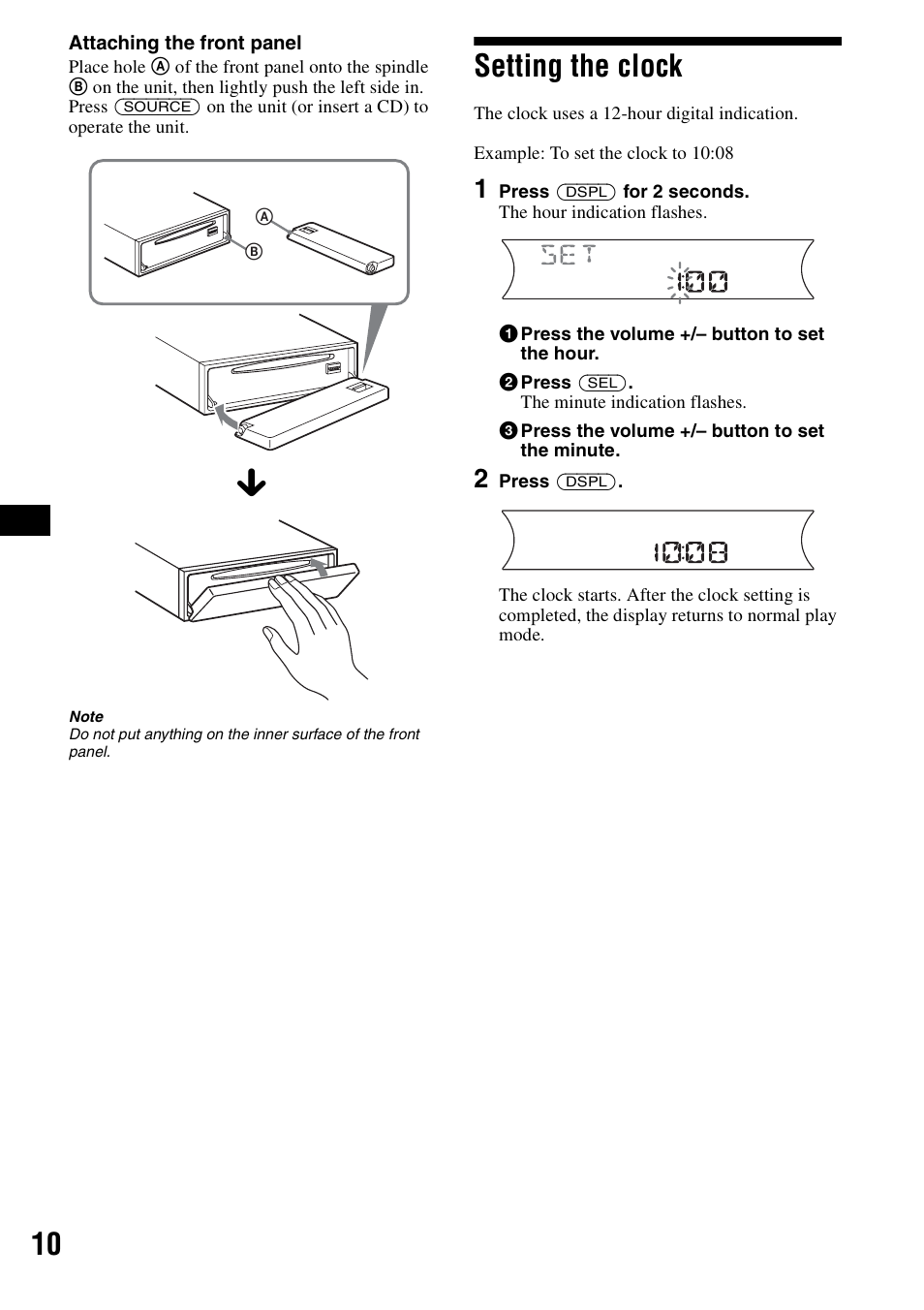 Setting the clock | Sony CDX-F5500 User Manual | Page 10 / 84