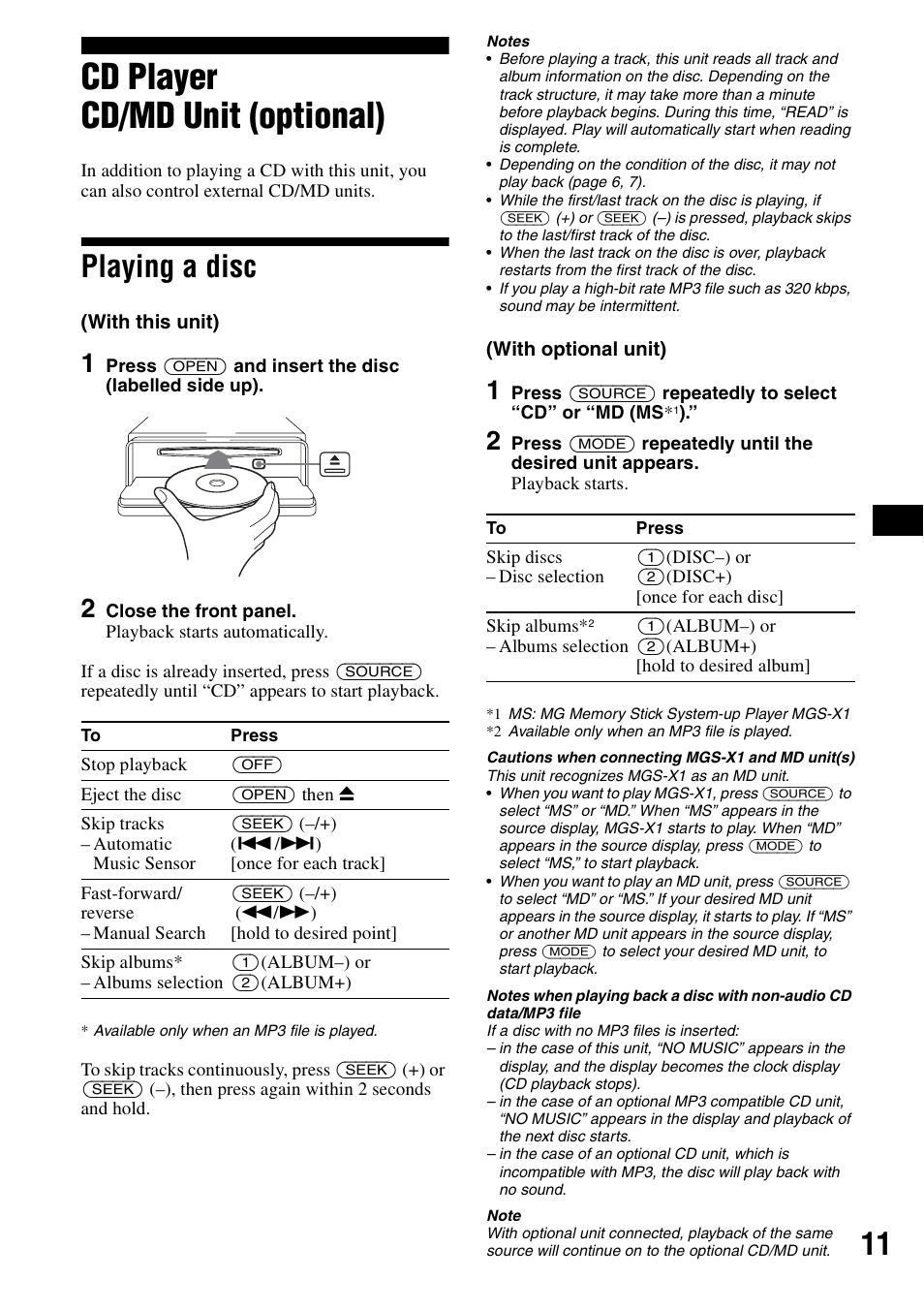 Cd player cd/md unit (optional), Playing a disc | Sony CDX-F5500 User Manual | Page 11 / 84