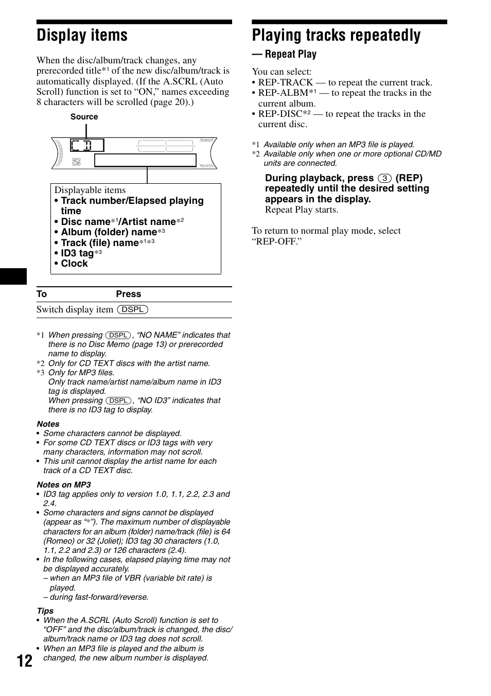 Display items, Playing tracks repeatedly, Repeat play | Display items playing tracks repeatedly, 12 display items | Sony CDX-F5500 User Manual | Page 12 / 84