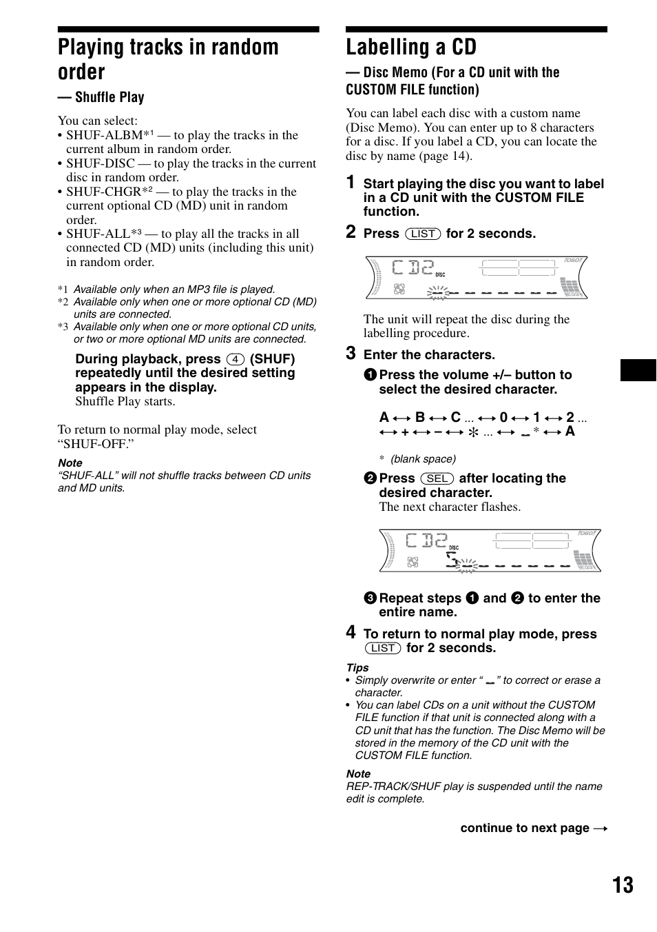 Playing tracks in random order, Shuffle play, Labelling a cd | Disc memo, Shuf 13, 13 playing tracks in random order | Sony CDX-F5500 User Manual | Page 13 / 84