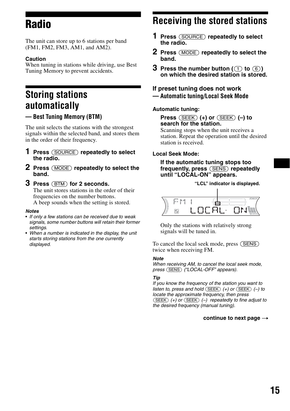 Radio, Storing stations automatically, Best tuning memory (btm) | Receiving the stored stations | Sony CDX-F5500 User Manual | Page 15 / 84