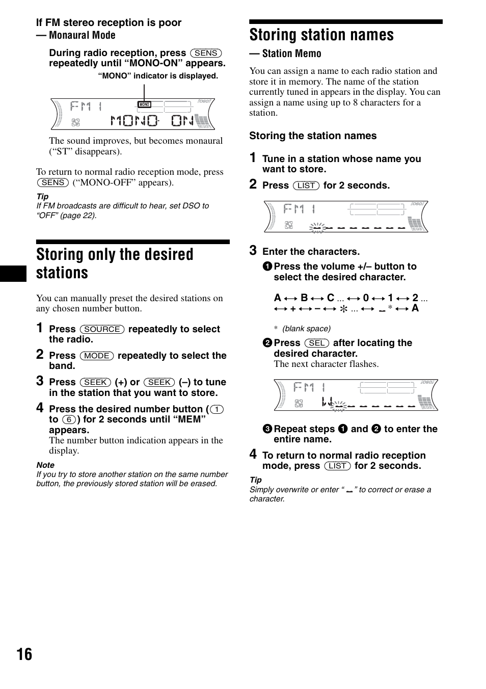 Storing only the desired stations, Storing station names, Station memo | Sony CDX-F5500 User Manual | Page 16 / 84