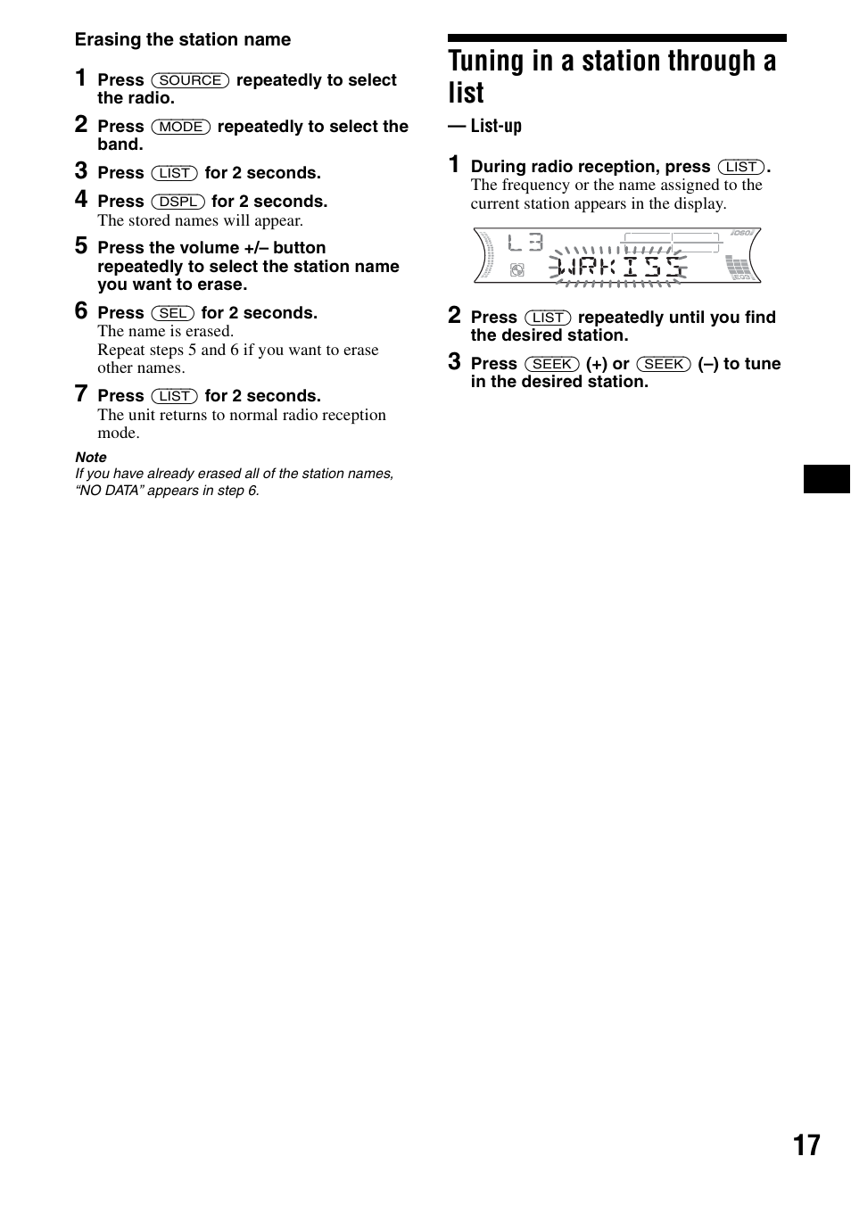 Tuning in a station through a list, List-up | Sony CDX-F5500 User Manual | Page 17 / 84