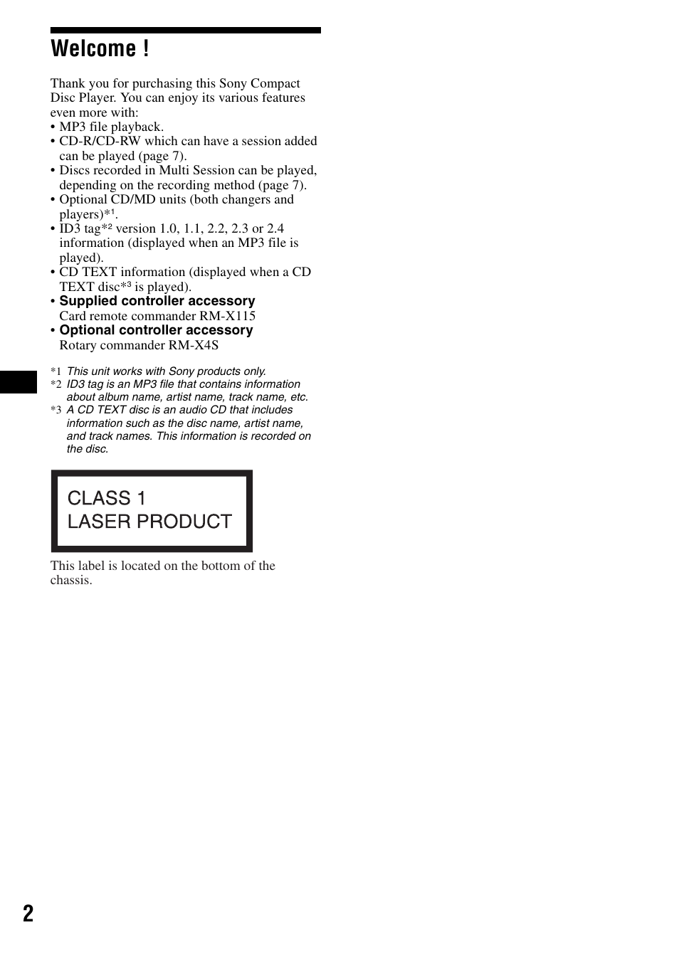 2welcome | Sony CDX-F5500 User Manual | Page 2 / 84