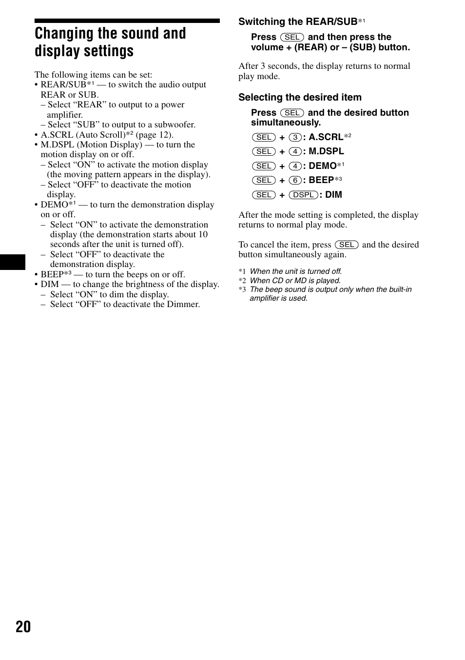 Changing the sound and display settings, Changing the sound and display, Settings | 20 changing the sound and display settings | Sony CDX-F5500 User Manual | Page 20 / 84