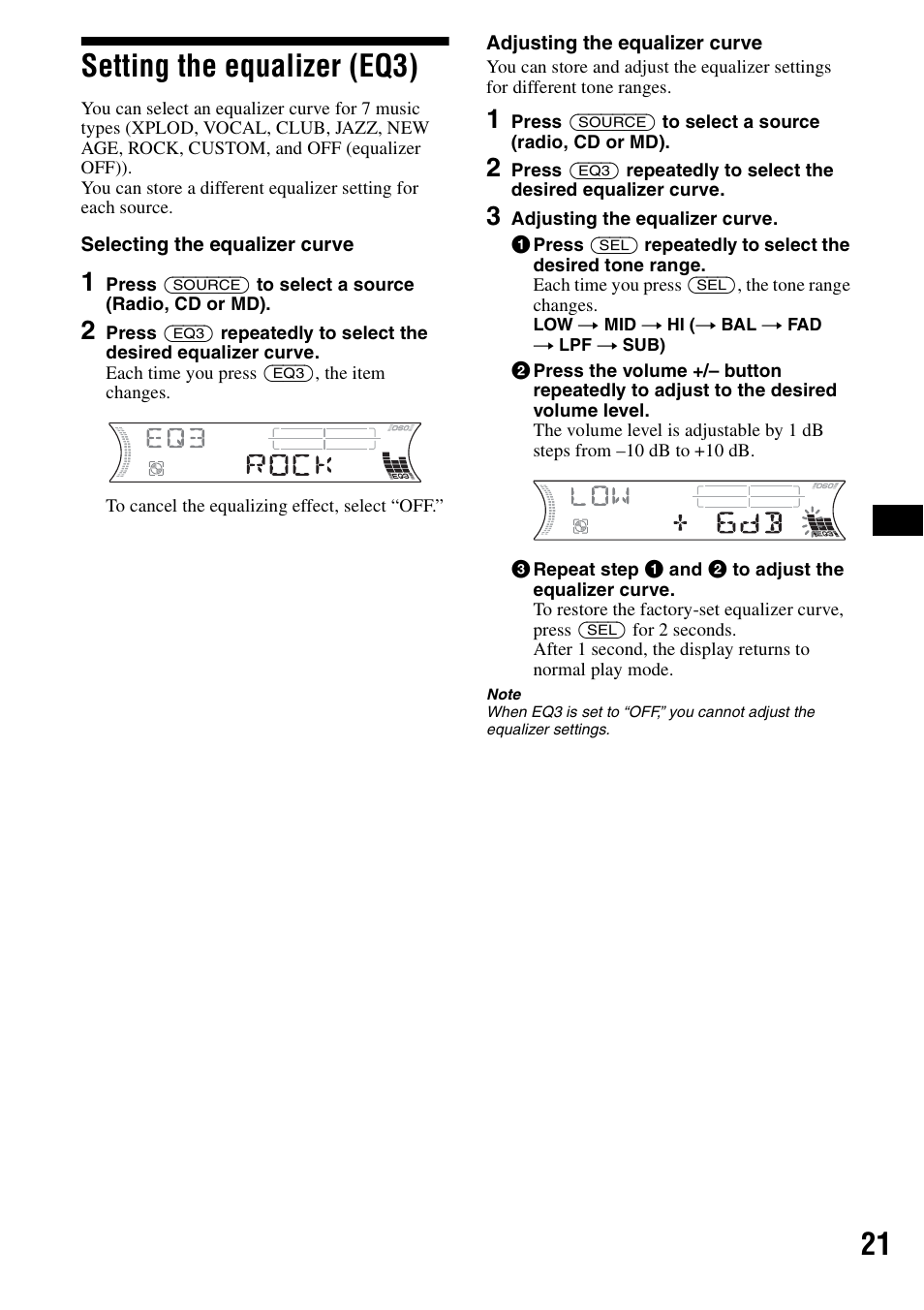 Setting the equalizer (eq3), 21 setting the equalizer (eq3) | Sony CDX-F5500 User Manual | Page 21 / 84