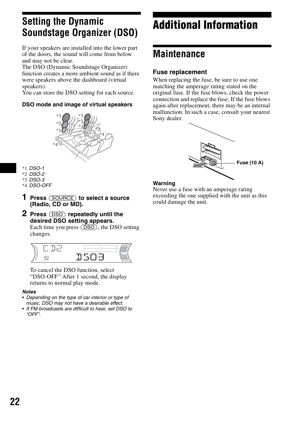 Setting the dynamic soundstage organizer (dso), Additional information, Maintenance | Setting the dynamic soundstage organizer, Dso), 22 setting the dynamic soundstage organizer (dso) | Sony CDX-F5500 User Manual | Page 22 / 84