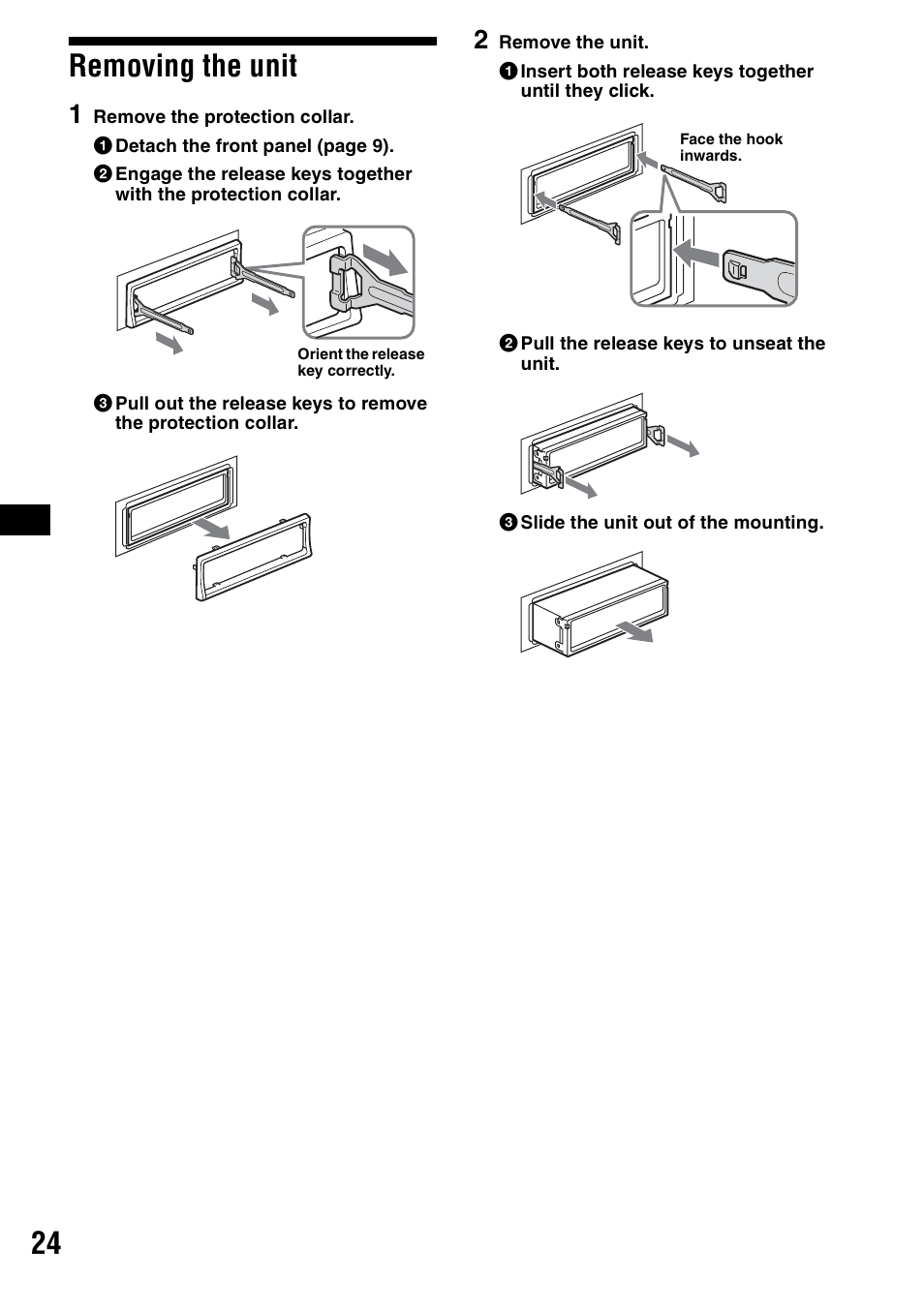 Removing the unit, 24 removing the unit | Sony CDX-F5500 User Manual | Page 24 / 84