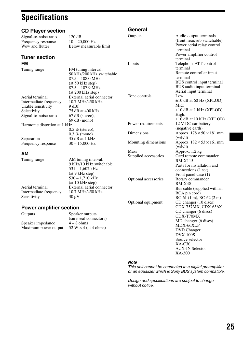 Specifications, 25 specifications | Sony CDX-F5500 User Manual | Page 25 / 84