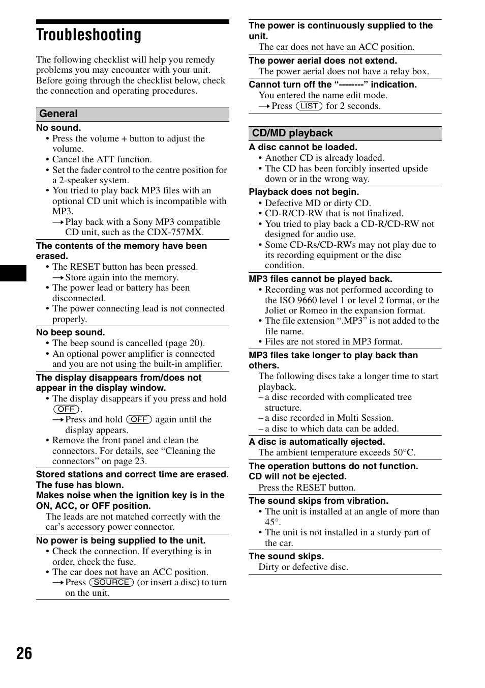 Troubleshooting, 26 troubleshooting | Sony CDX-F5500 User Manual | Page 26 / 84