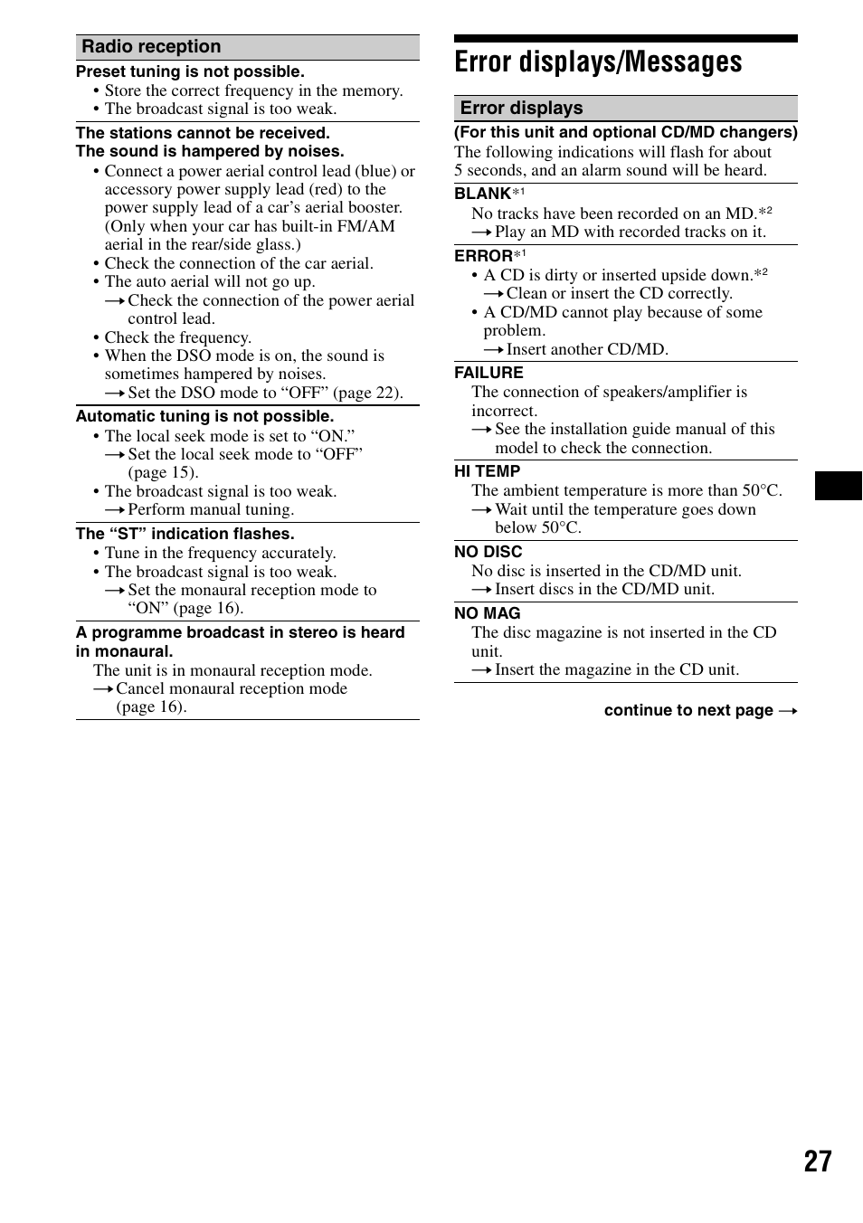 Error displays/messages, 27 error displays/messages | Sony CDX-F5500 User Manual | Page 27 / 84