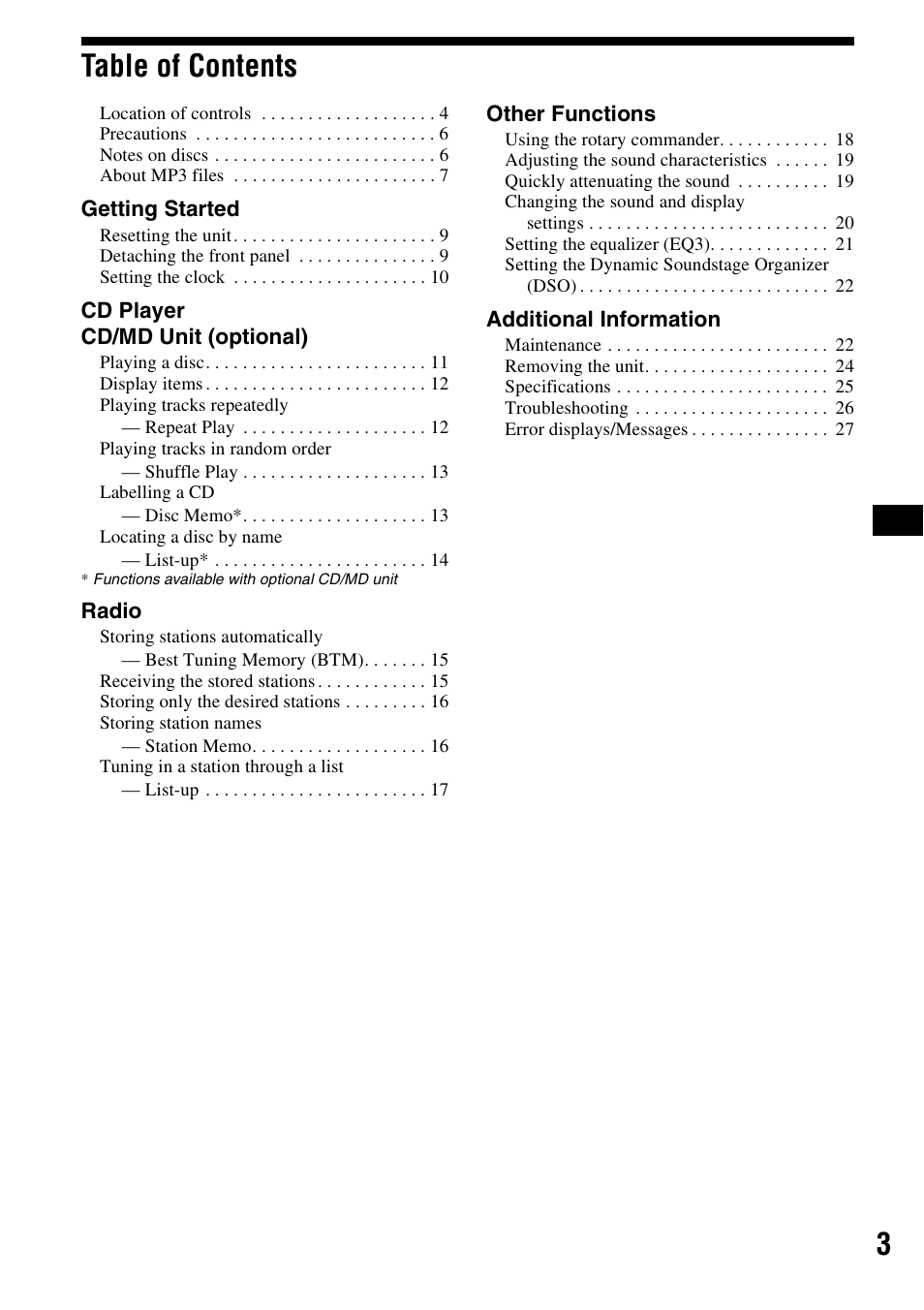 3table of contents | Sony CDX-F5500 User Manual | Page 3 / 84