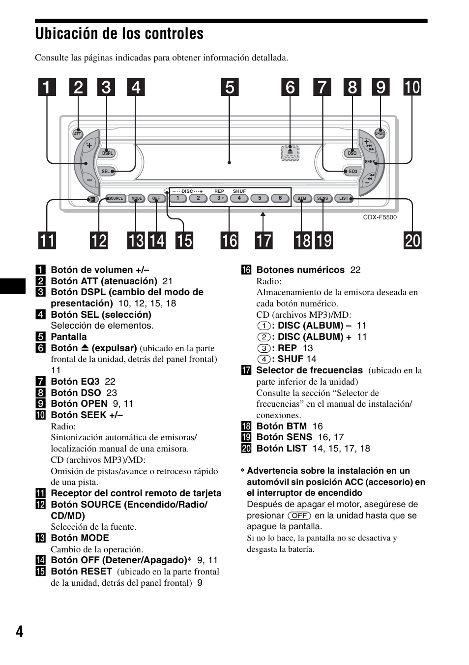 Ubicación de los controles, 4ubicación de los controles | Sony CDX-F5500 User Manual | Page 32 / 84