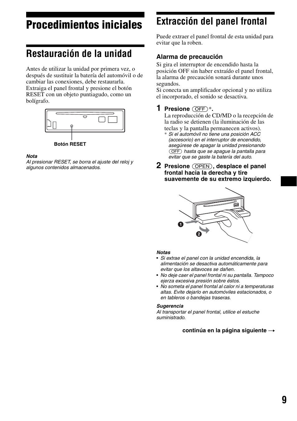 Procedimientos iniciales, Restauración de la unidad, Extracción del panel frontal | Sony CDX-F5500 User Manual | Page 37 / 84