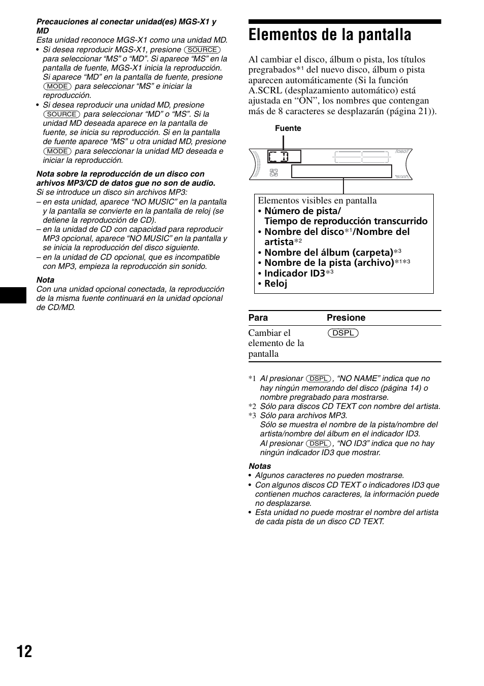 Elementos de la pantalla | Sony CDX-F5500 User Manual | Page 40 / 84