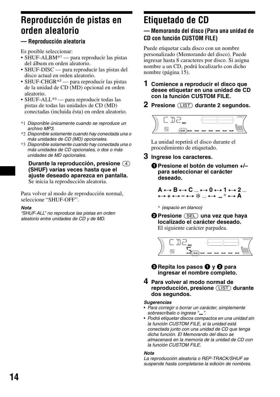 Reproducción de pistas en orden aleatorio, Reproducción aleatoria, Etiquetado de cd | Memorando del disco, Shuf 14, 14 reproducción de pistas en orden aleatorio | Sony CDX-F5500 User Manual | Page 42 / 84