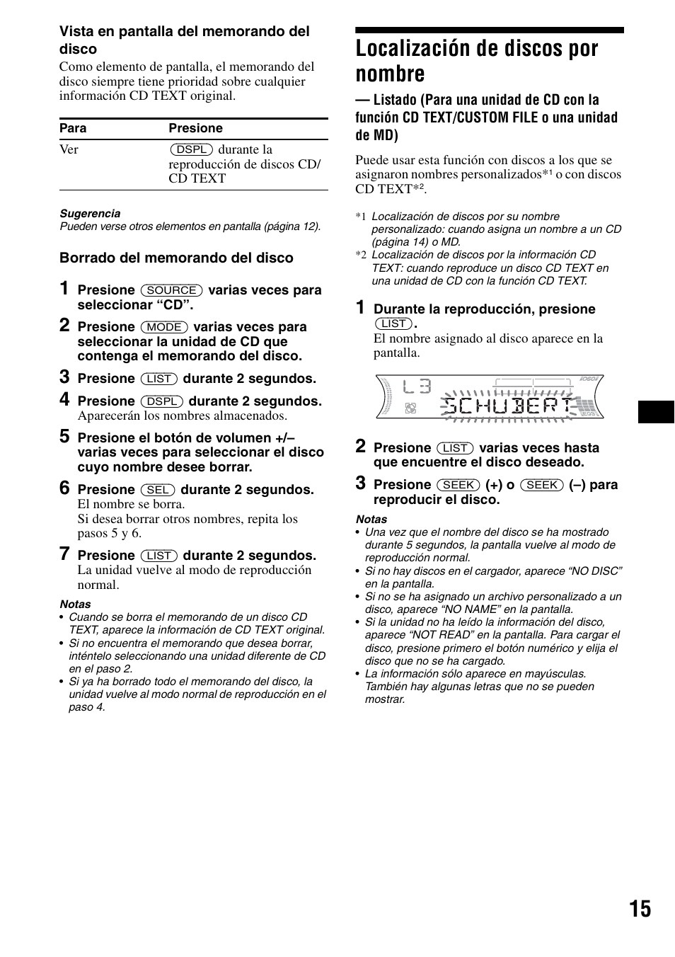 Localización de discos por nombre, Listado | Sony CDX-F5500 User Manual | Page 43 / 84