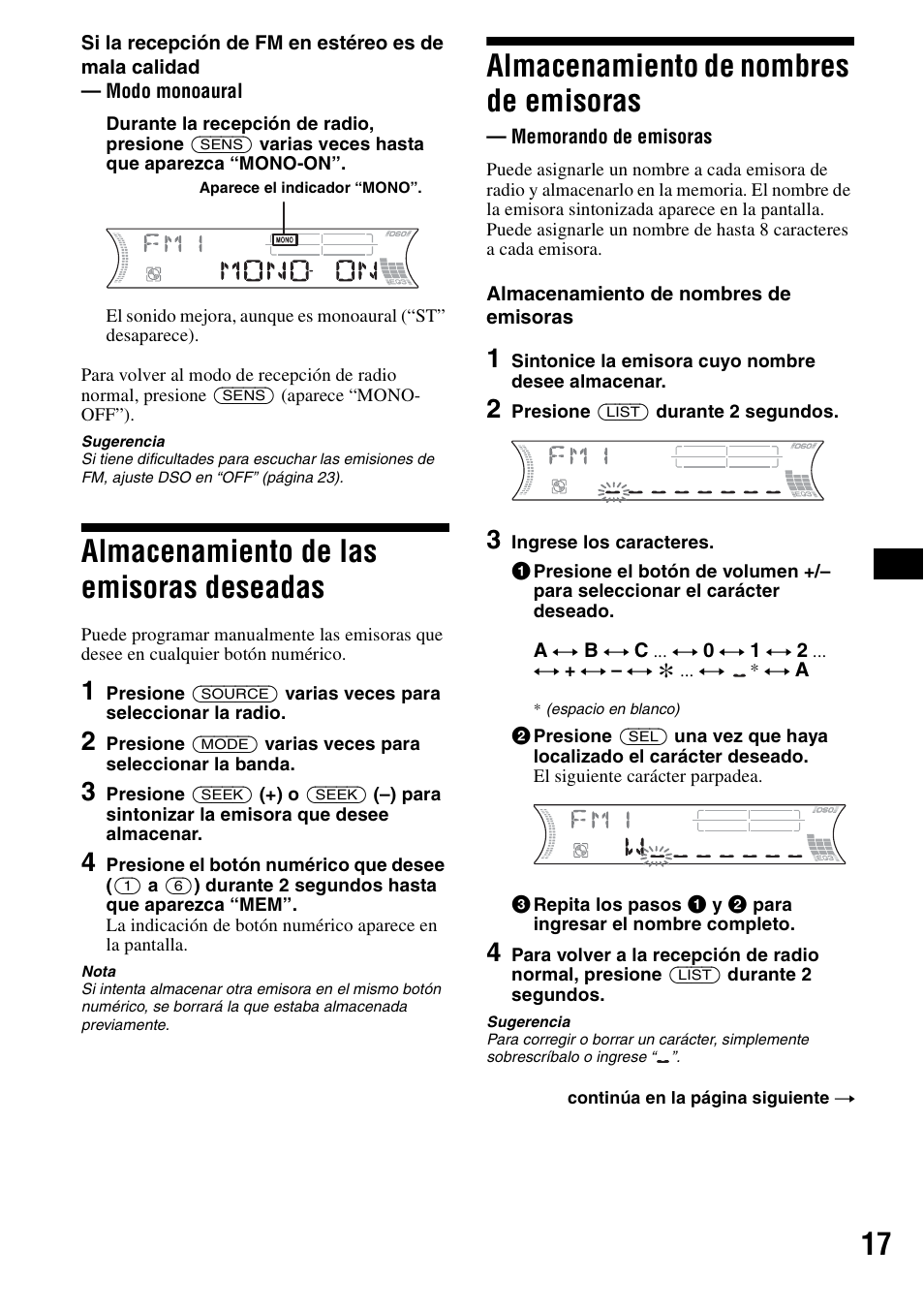 Almacenamiento de las emisoras deseadas, Almacenamiento de nombres de emisoras, Memorando de emisoras | Almacenamiento de las emisoras, Deseadas | Sony CDX-F5500 User Manual | Page 45 / 84