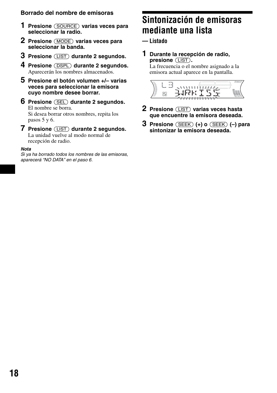 Sintonización de emisoras mediante una lista, Listado | Sony CDX-F5500 User Manual | Page 46 / 84