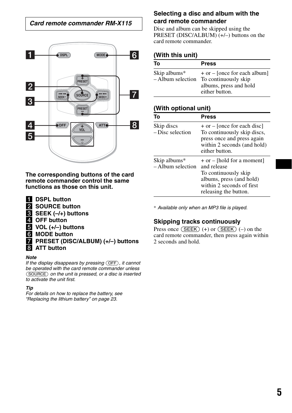 With this unit) (with optional unit), Skipping tracks continuously, Card remote commander rm-x115 | Sony CDX-F5500 User Manual | Page 5 / 84