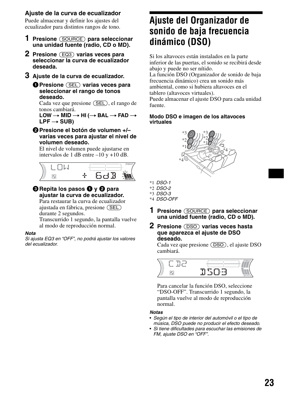 Ajuste del organizador de sonido de baja, Frecuencia dinámico (dso) | Sony CDX-F5500 User Manual | Page 51 / 84