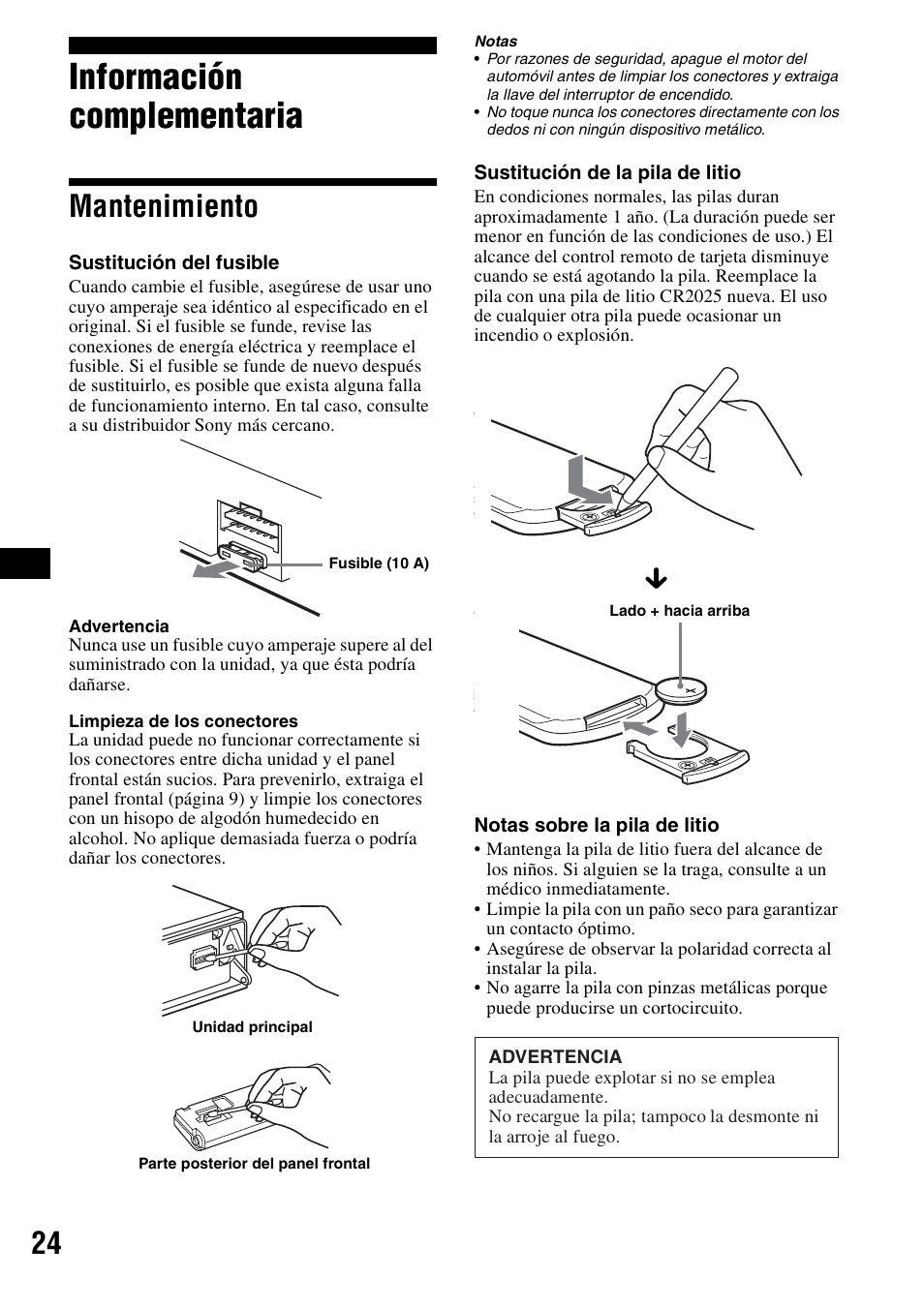 Información complementaria, Mantenimiento | Sony CDX-F5500 User Manual | Page 52 / 84