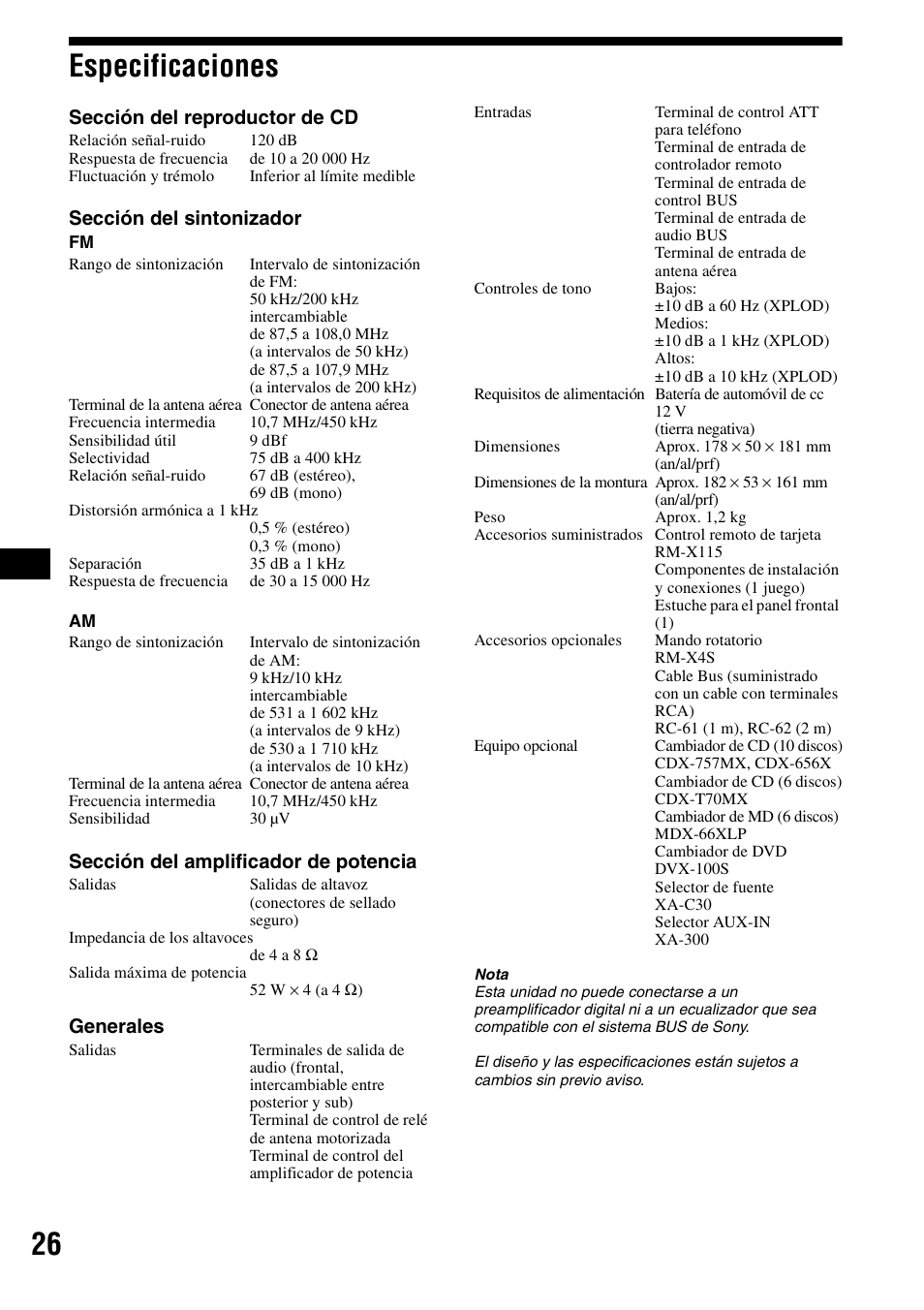 Especificaciones, 26 especificaciones | Sony CDX-F5500 User Manual | Page 54 / 84