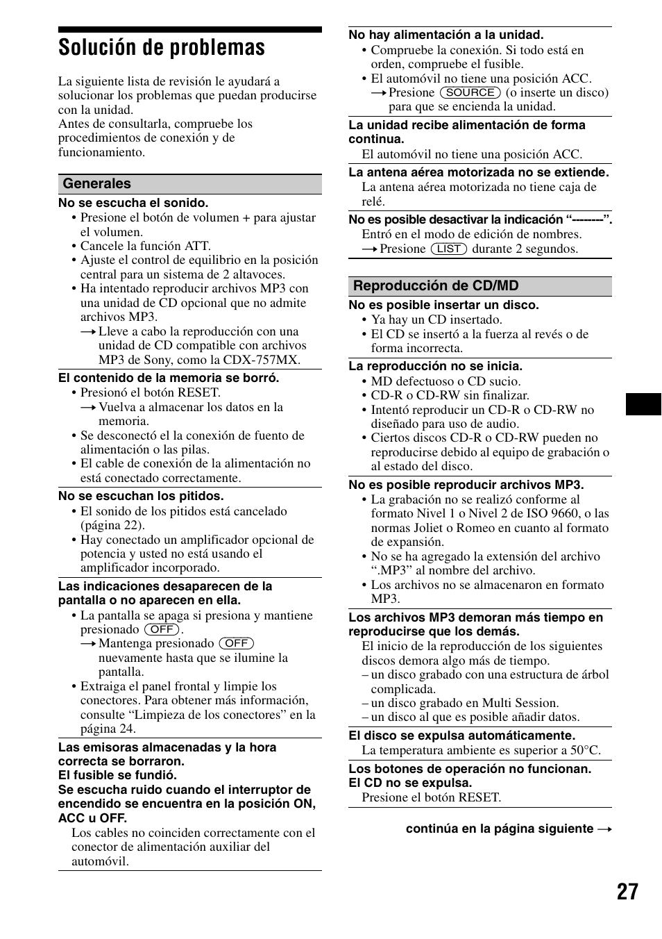 Solución de problemas, 27 solución de problemas | Sony CDX-F5500 User Manual | Page 55 / 84