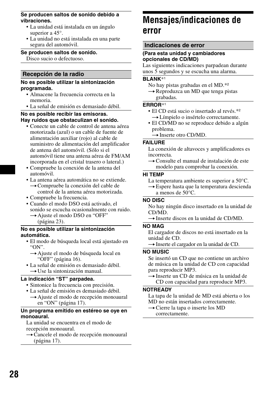 Mensajes/indicaciones de error, 28 mensajes/indicaciones de error | Sony CDX-F5500 User Manual | Page 56 / 84