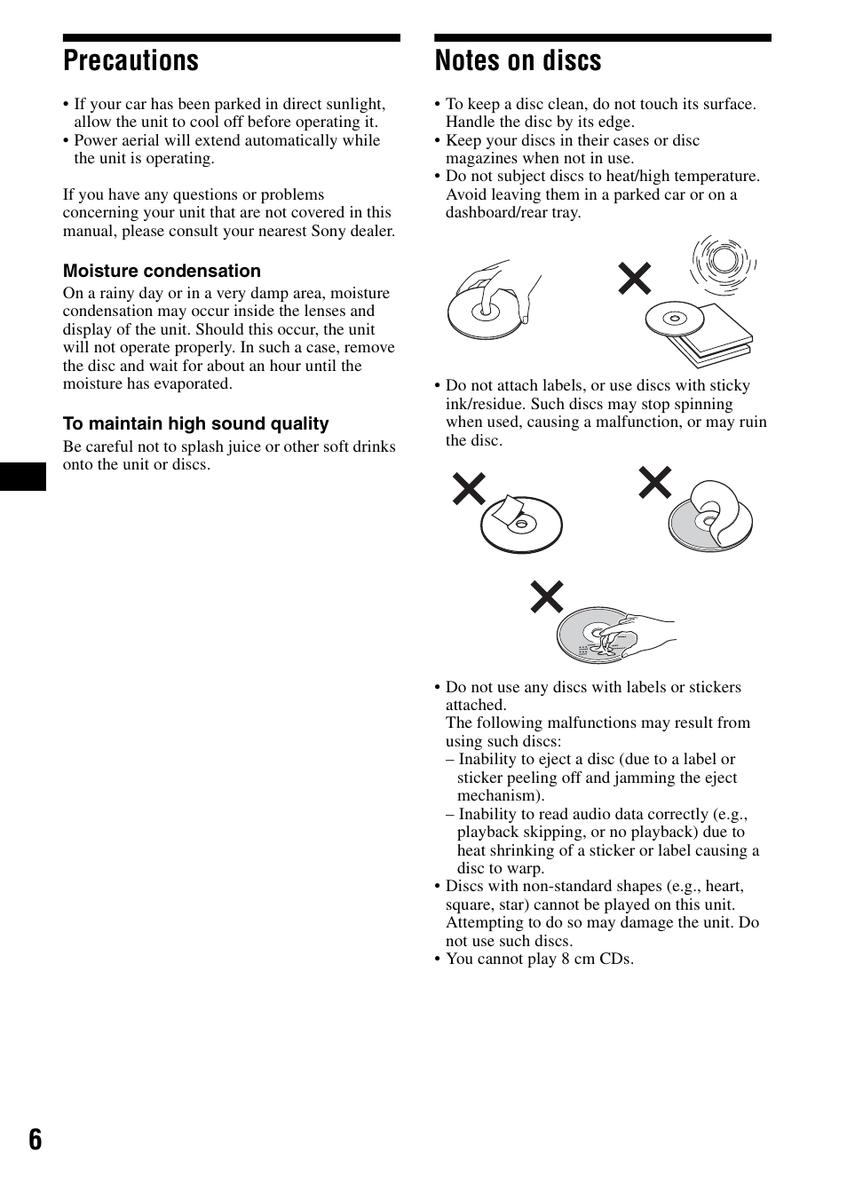 Precautions, Notes on discs, Precautions notes on discs | 6precautions | Sony CDX-F5500 User Manual | Page 6 / 84