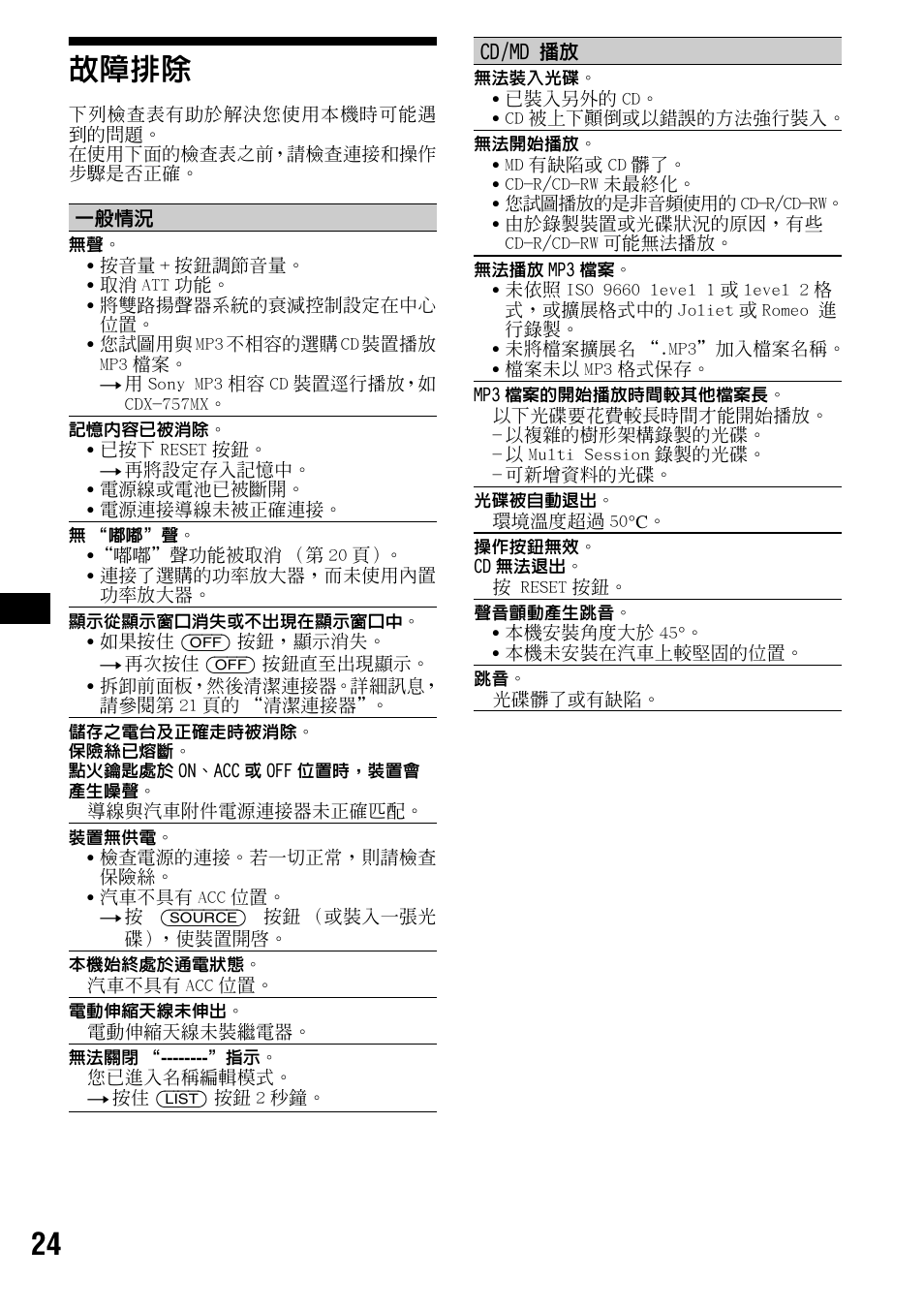 故障排除, 24 故障排除 | Sony CDX-F5500 User Manual | Page 80 / 84